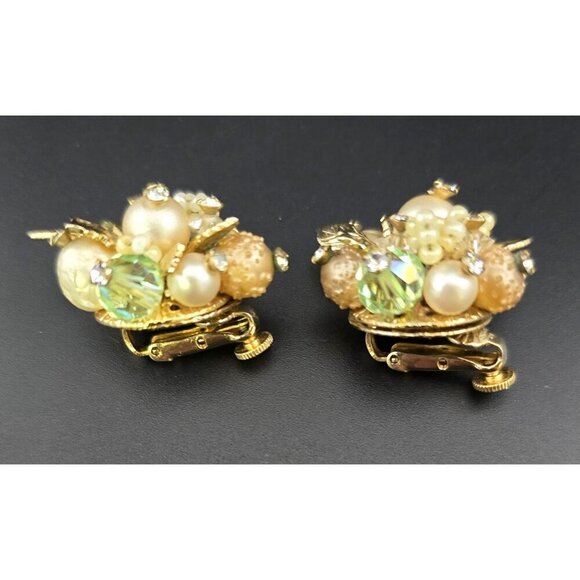 Vntg Vendome Gold-Tone Clip-On Earrings Faux Pearls & Aurora Borealis STUNNING - Picture 2 of 7